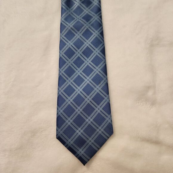 Lands End Men's Blue Tie with Geometric Check Stripe Standard Size Classic Style - Picture 2 of 7
